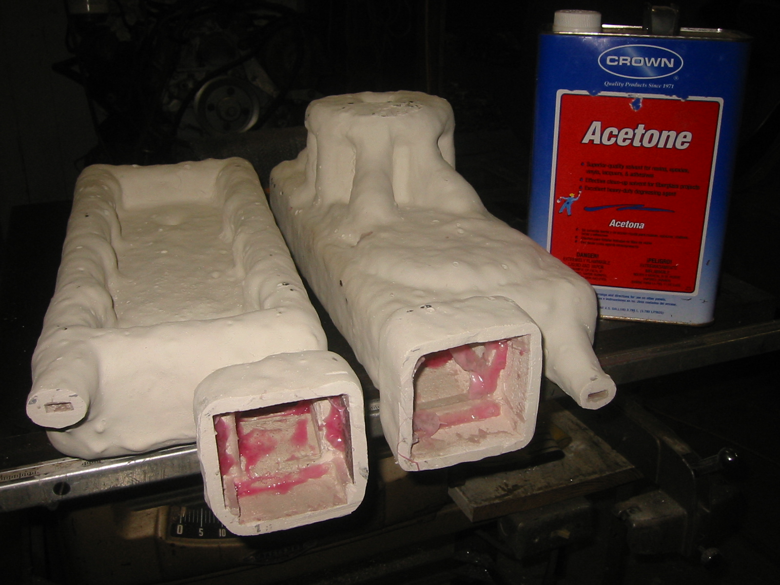 When the investment is 1/4 to 3/8 inch thick the vents are cut open and the the foam is dissolved with acetone.