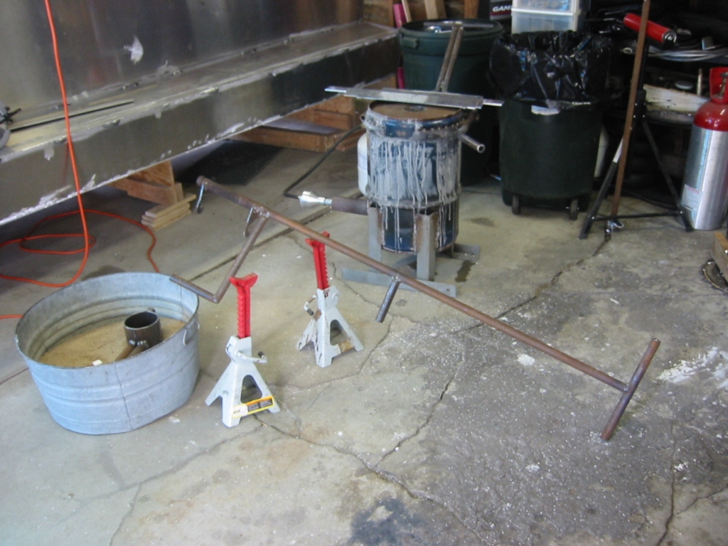 Jack stands make a nice rest of the crucible so that it is not set on the concrete.
